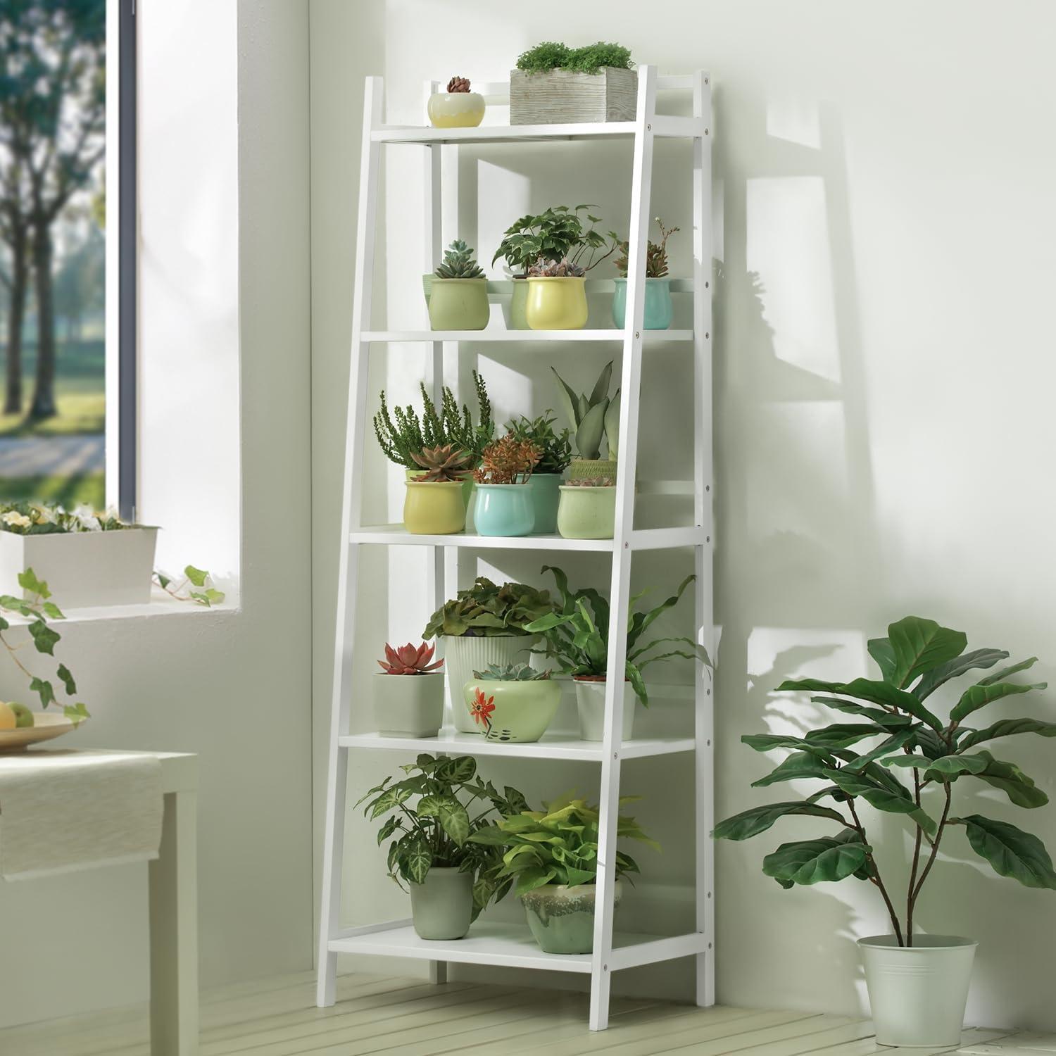 Magshion Bamboo 5 Tiers Trapezoid Plant Stand, Flower Organizer Rack, Display Shelf, White, for Garden