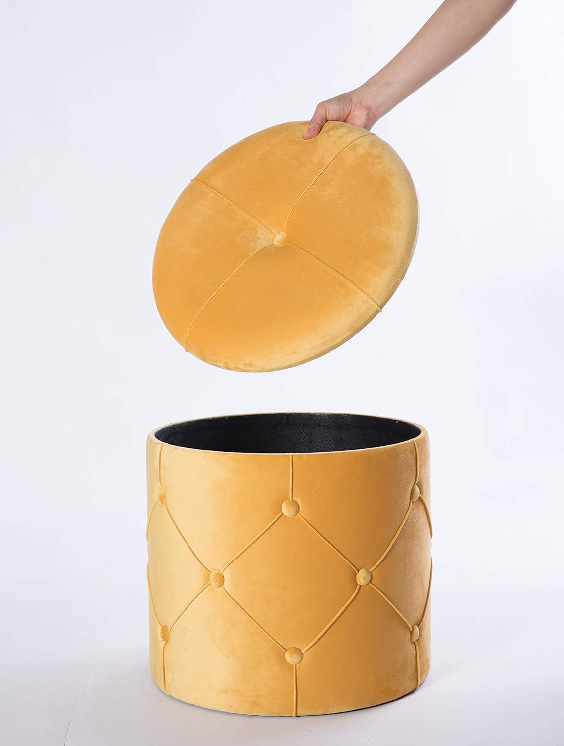 Fabulaxe  15.75 x 15.5 in. Round Wooden Velvet Ottoman Stool with Lid, Yellow