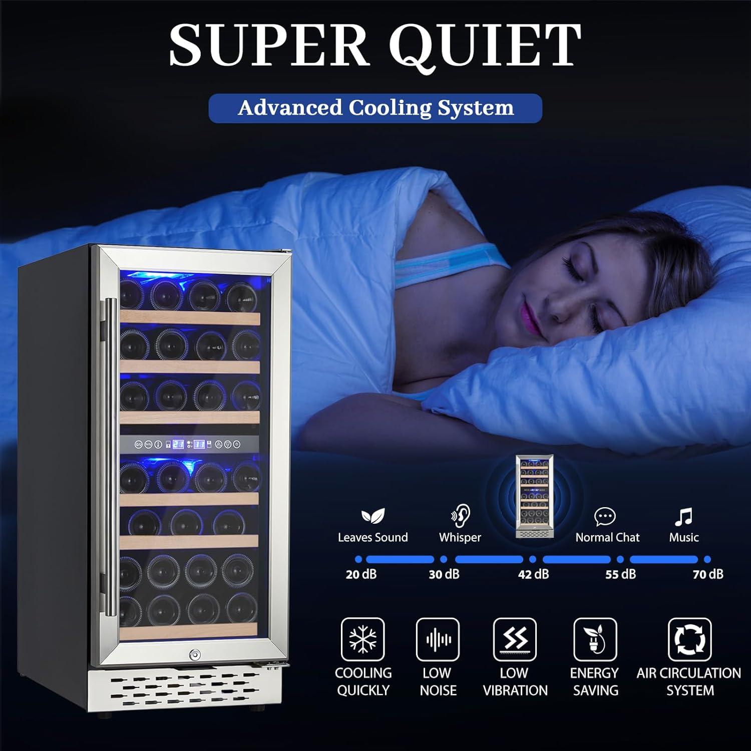 28 Bottle Wine Cooler Refrigerator - Double-Layer Glass Door, Temperature Stable, Digital Touch Control, Single Area Dual Temperature, with Safety Lock, Built-in or Freestanding