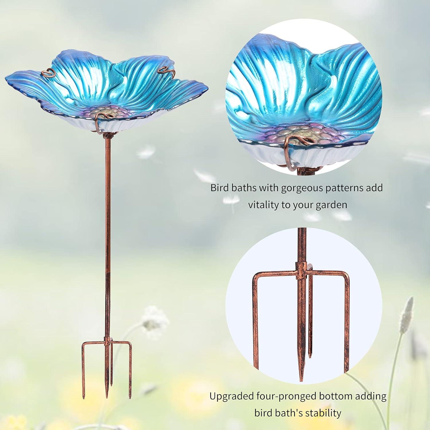 Blue Glass Flower Bird Bath with Metal Stake