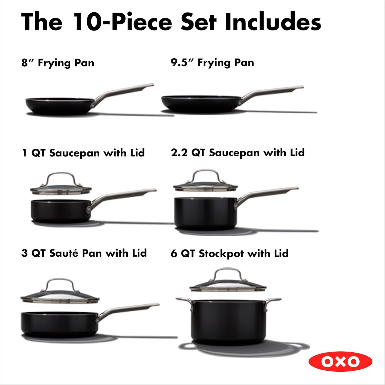 OXO Agility Series 10pc Ceramic Nonstick Aluminum Cookware Set Black: Induction Compatible, Dishwasher-Safe, Lifetime Warranty