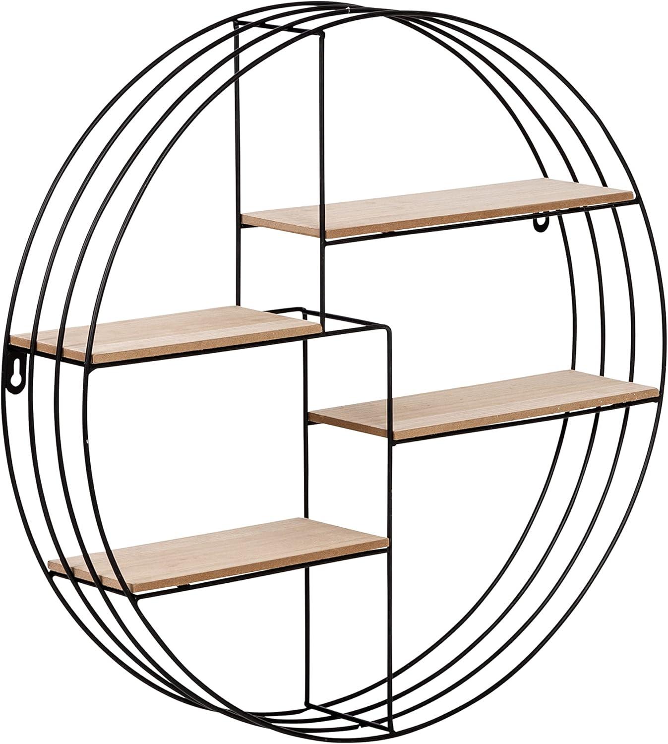 Black Round Steel and Wood Wall Display Shelf