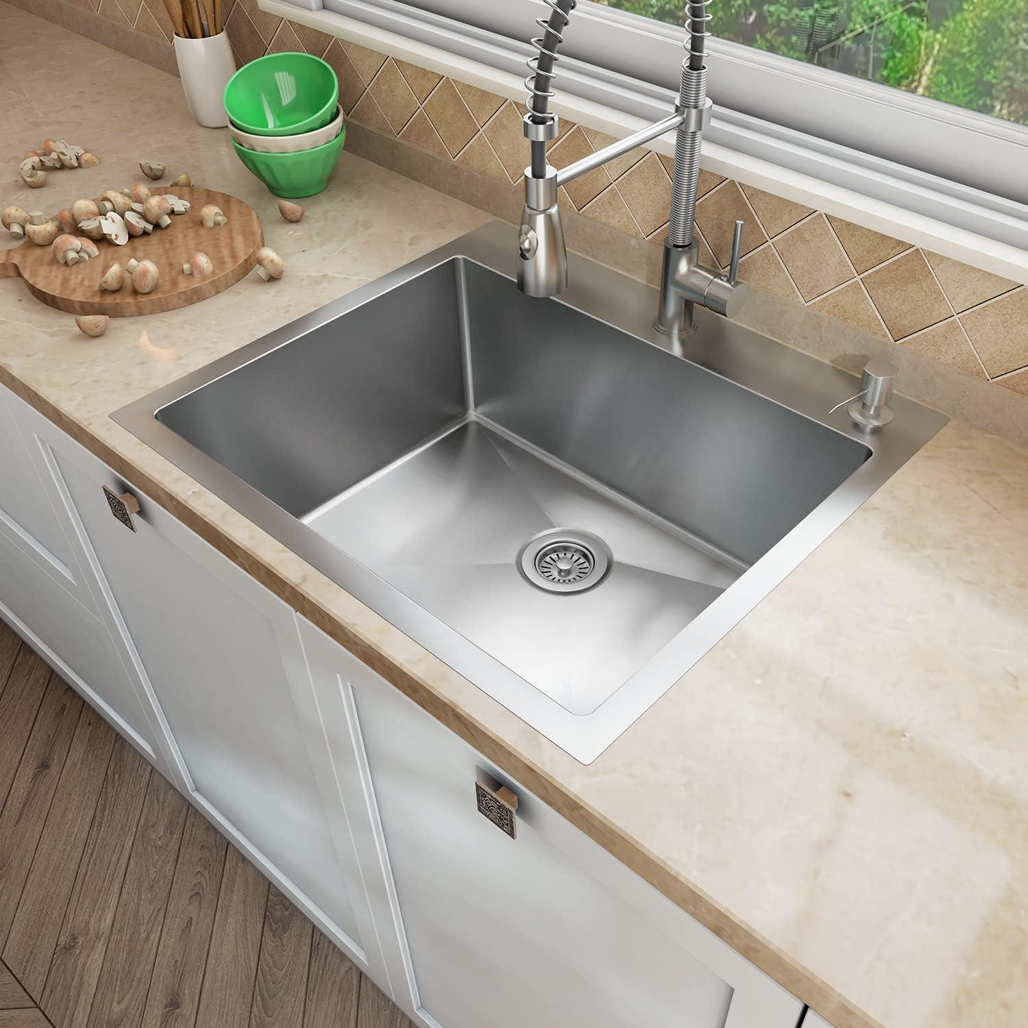 Sinber 25" x 22" Drop In Single Bowl Kitchen Sink with 18 Gauge 304 Stainless Steel Satin Finish