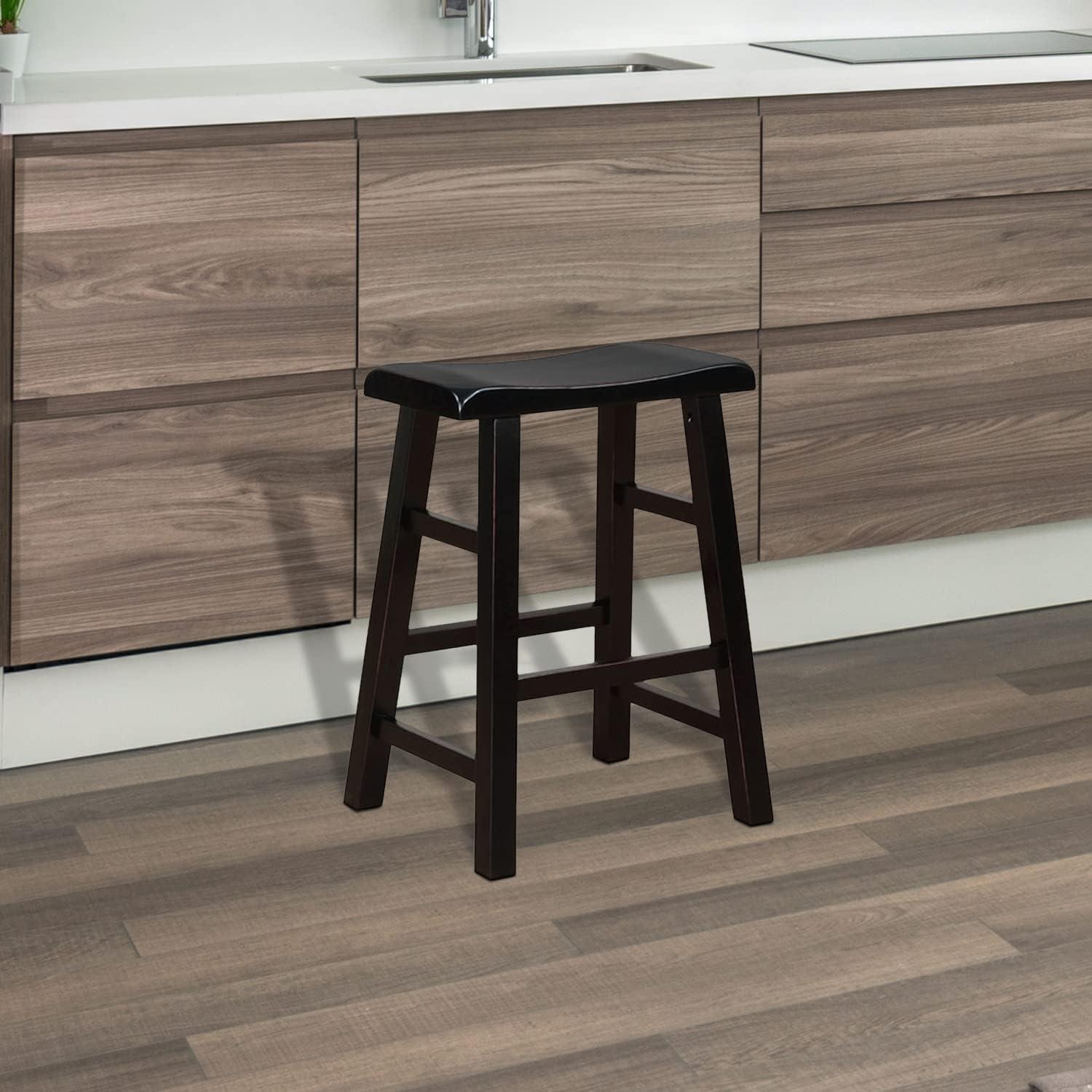 eHemco Heavy-Duty Solid Wood Saddle Seat Kitchen Counter Height Barstools, 24 Inches, Set of 2, Black