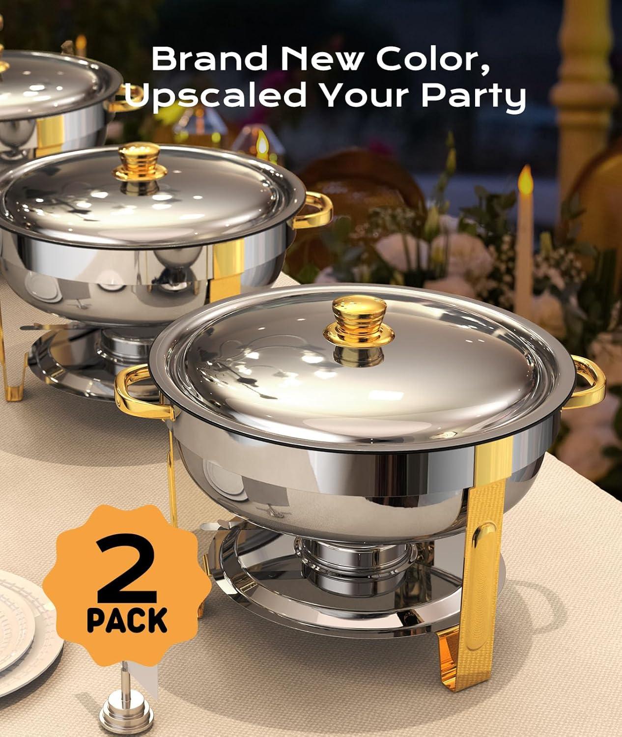 WhizMax Chafing Dish Buffet Set 2 Pack 5QT, Stainless Steel Round Chafing Dishes for Buffet with Lid Holder & Glass Lid, Gold