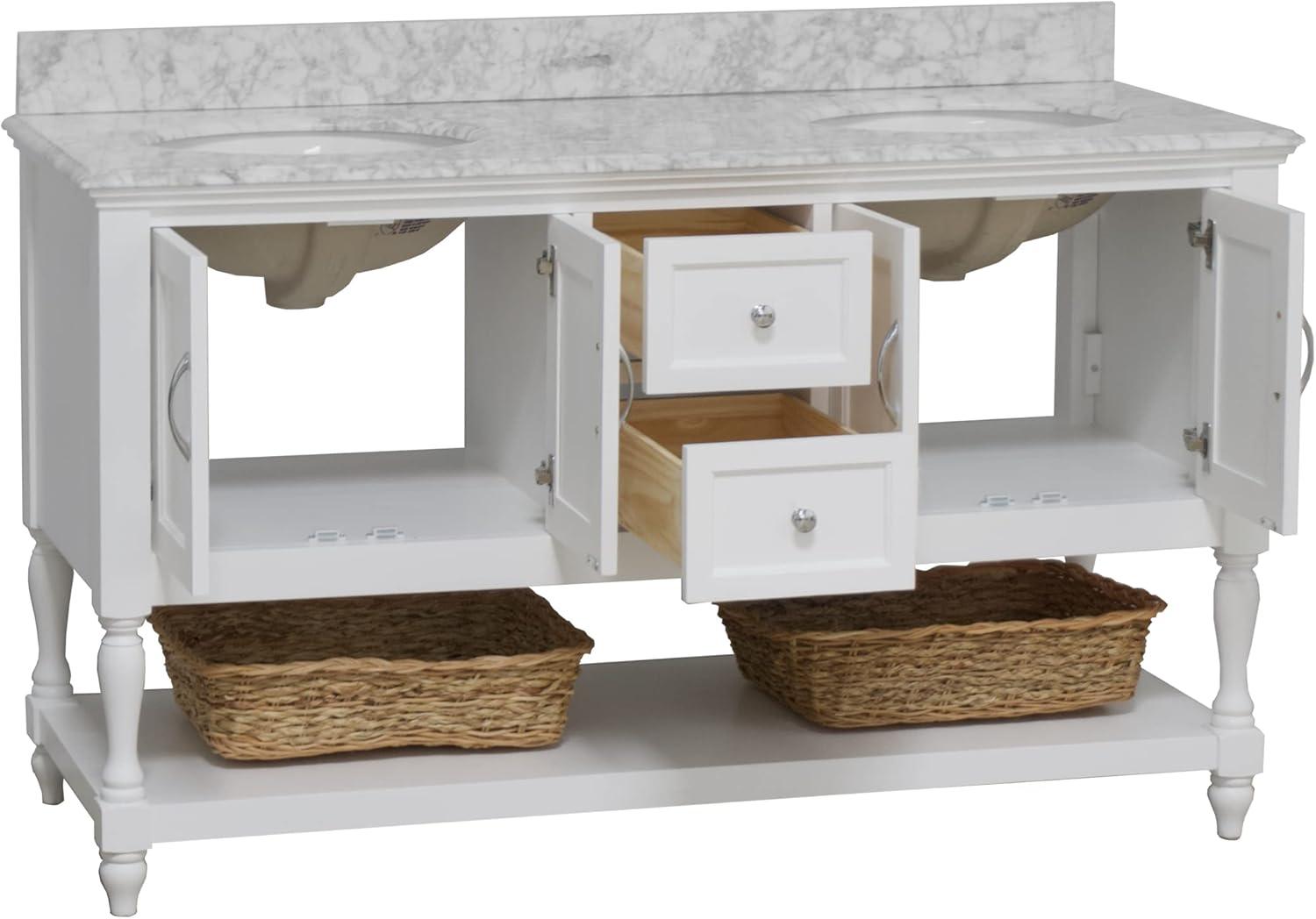Kitchen Bath Collection Beverly 60-inch Double Bathroom Vanity (White/Carrara): Includes White Cabinet with Authentic Italian Carrara Marble Countertop and White Ceramic Sinks