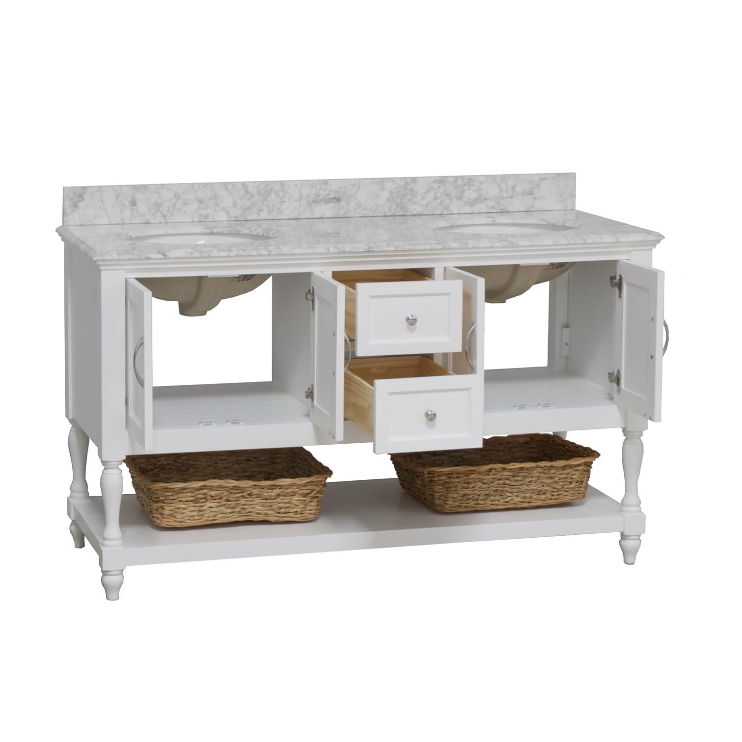 Kitchen Bath Collection Beverly 60-inch Double Bathroom Vanity (White/Carrara): Includes White Cabinet with Authentic Italian Carrara Marble Countertop and White Ceramic Sinks