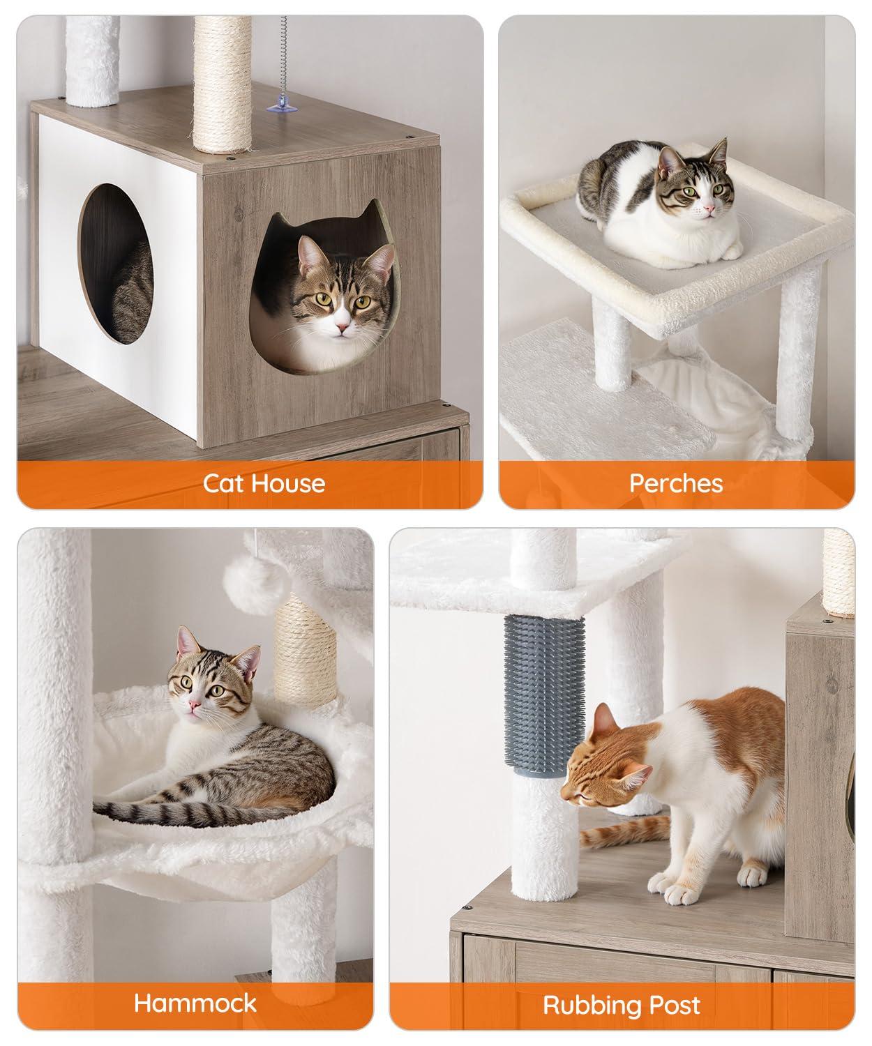 Litter Box Enclosure with Cat Tree, 2-in-1 Cat Tree Tower, Hidden Cat Litter Box Furniture with Scratching Post, Modern Cat Condo, Grey