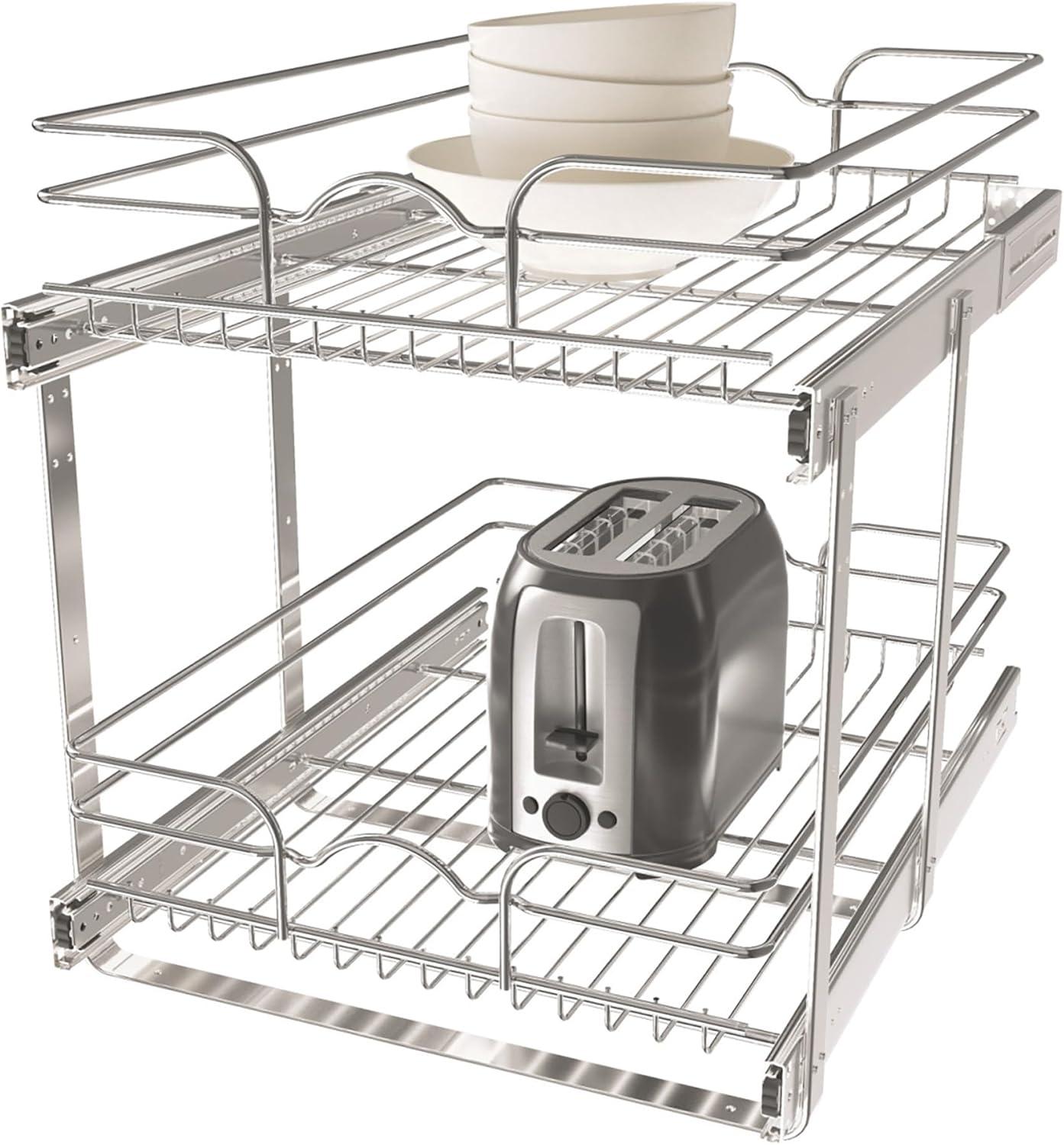 Rev-A-Shelf 5WB2 2-Tier Wire Basket Pull Out Shelf Storage for Kitchen Base Cabinet Organization, Chrome