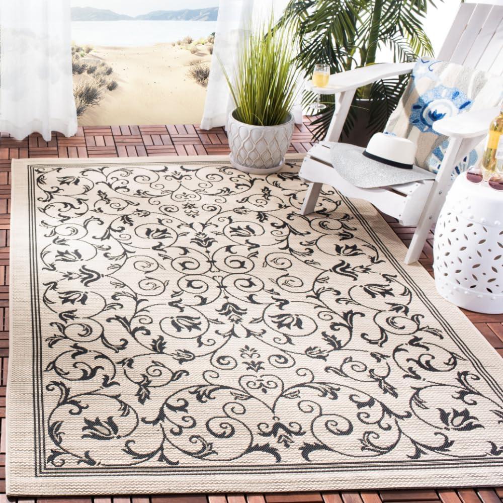 Elegant Black and Sand Rectangular Easy-Care Outdoor Rug, 4' x 5'7"