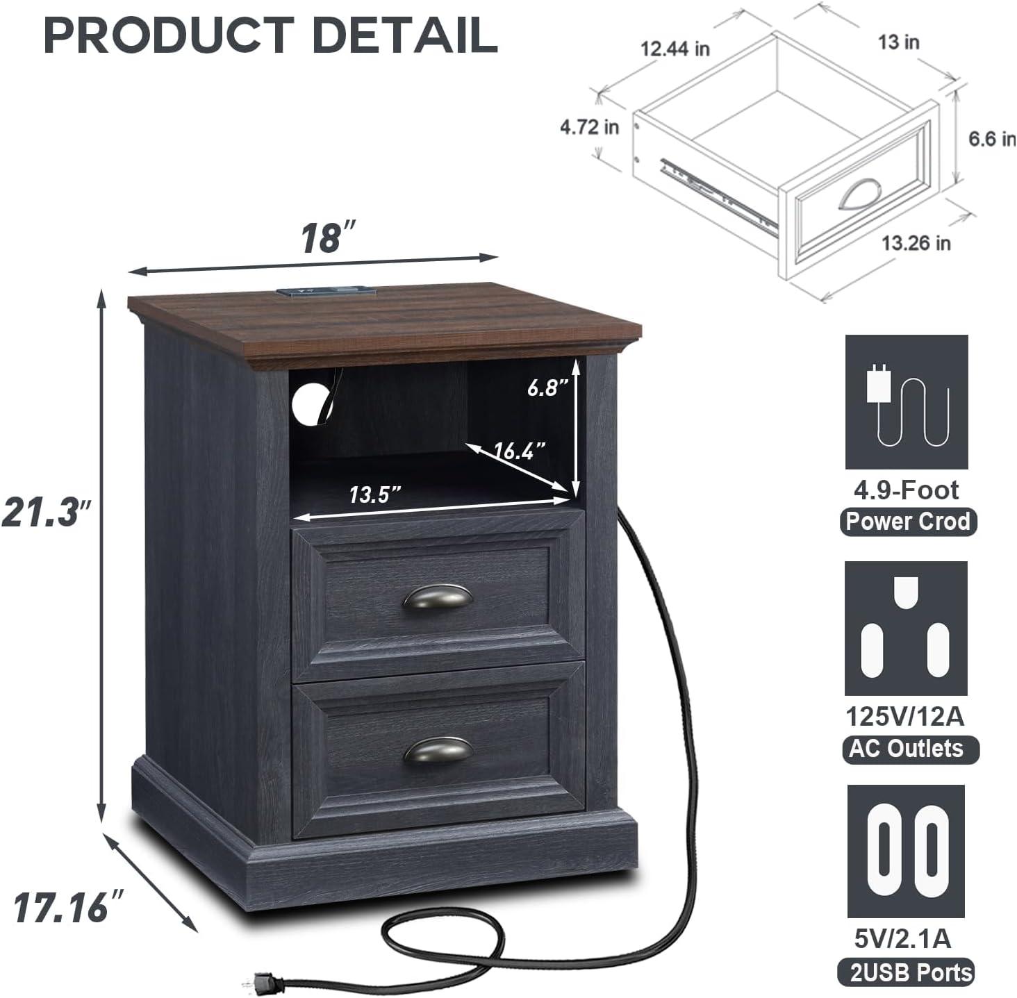 Dark Gray 2-Drawer Wood Nightstand with Charging Station