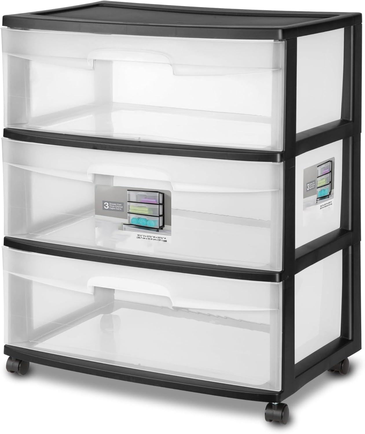 Sterilite Wide 3 Drawer Cart Black