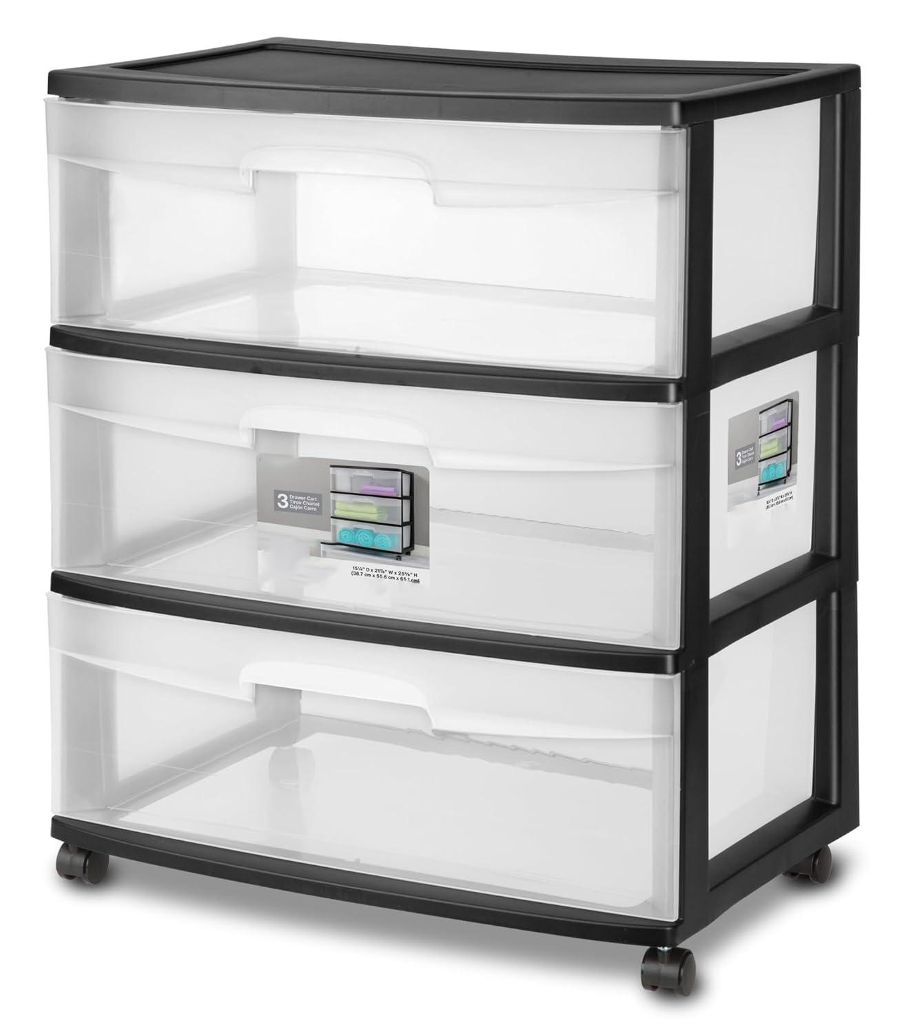 Sterilite Storage Drawer, 3 Drawer Wide Plastic Storage Cart with Clear Pull Out Drawers, Black
