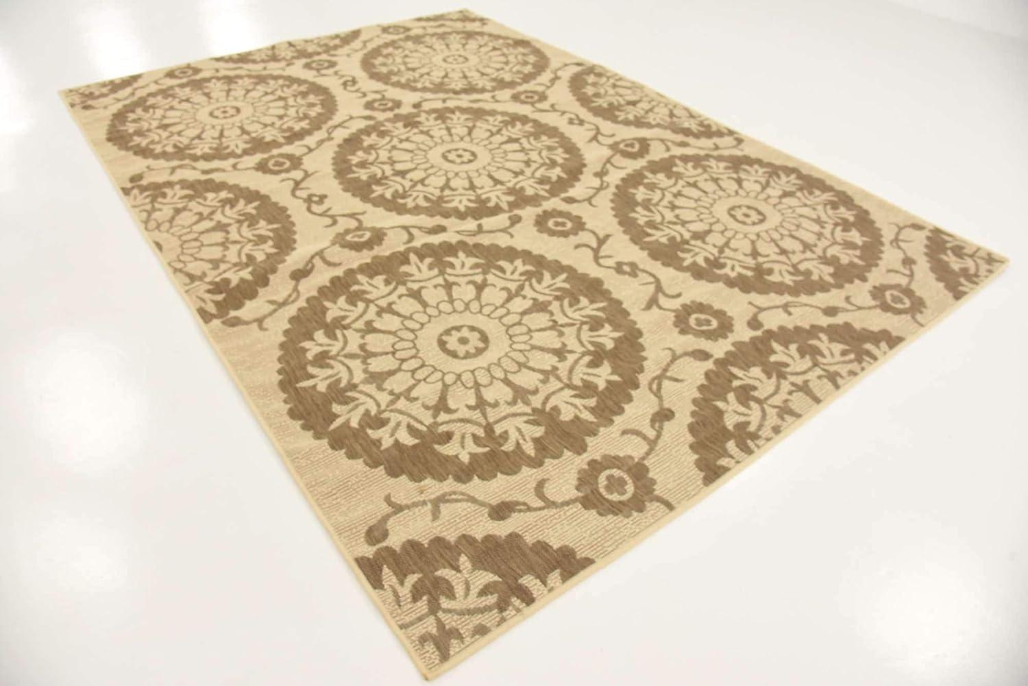 Brown and Beige Abstract Outdoor Synthetic Area Rug