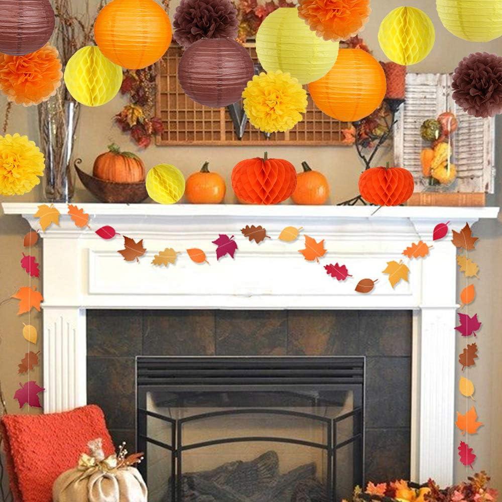 Thanksgiving Party Decorations Supplies Kit Hanging Paper Lantern Tissue Honeycomb Ball Pom Poms Flowers Pumpkins Maple Leaf Garland for Fall Birthday Baby Showers Home Decor Indoor Outdoor E11