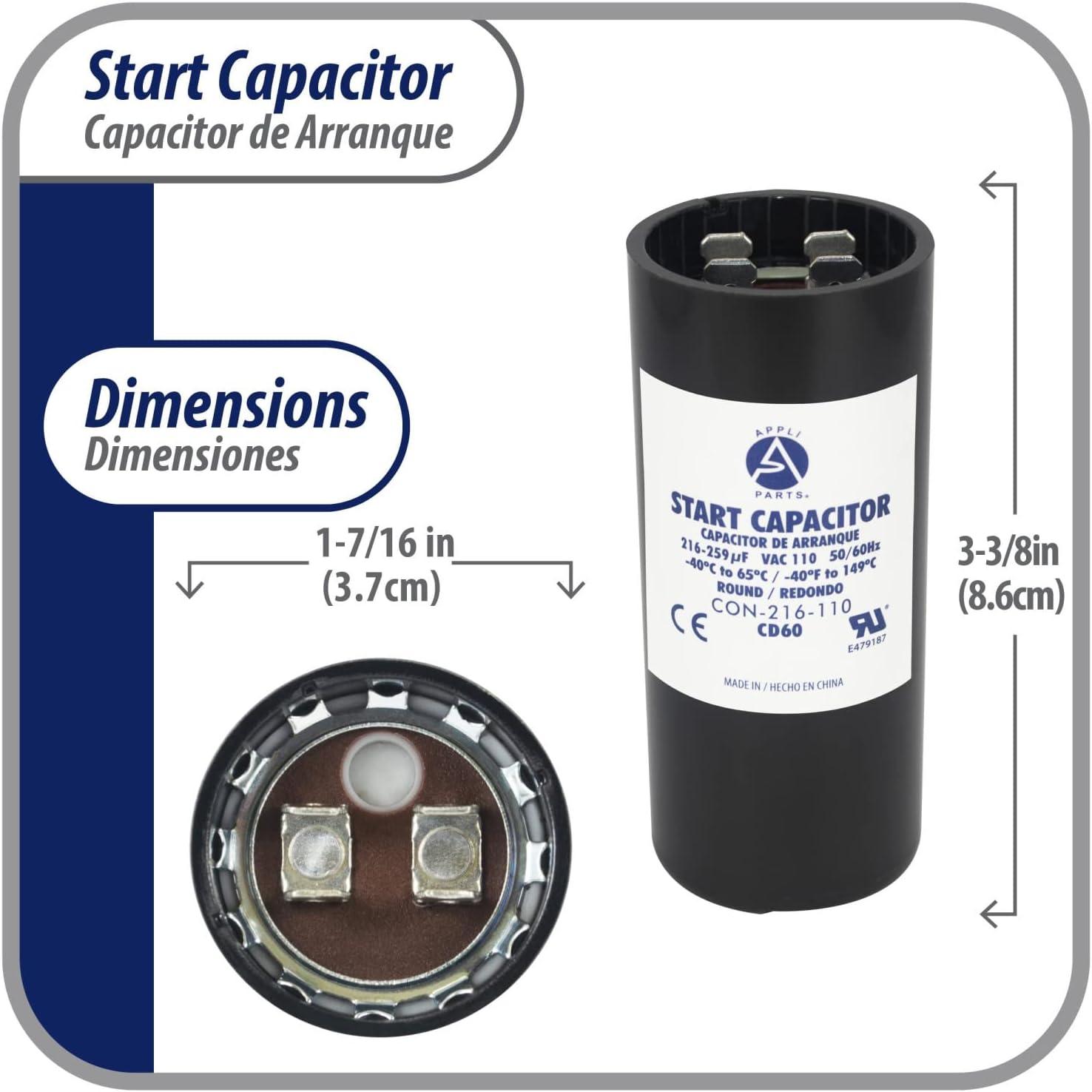 Appli Parts motor start capacitor 216-259 Mfd (microfarads) uF 110-125 VAC universal fit for electric motor applications 1-7/16 in Diameter 3-3/8 in Height CON-216-110