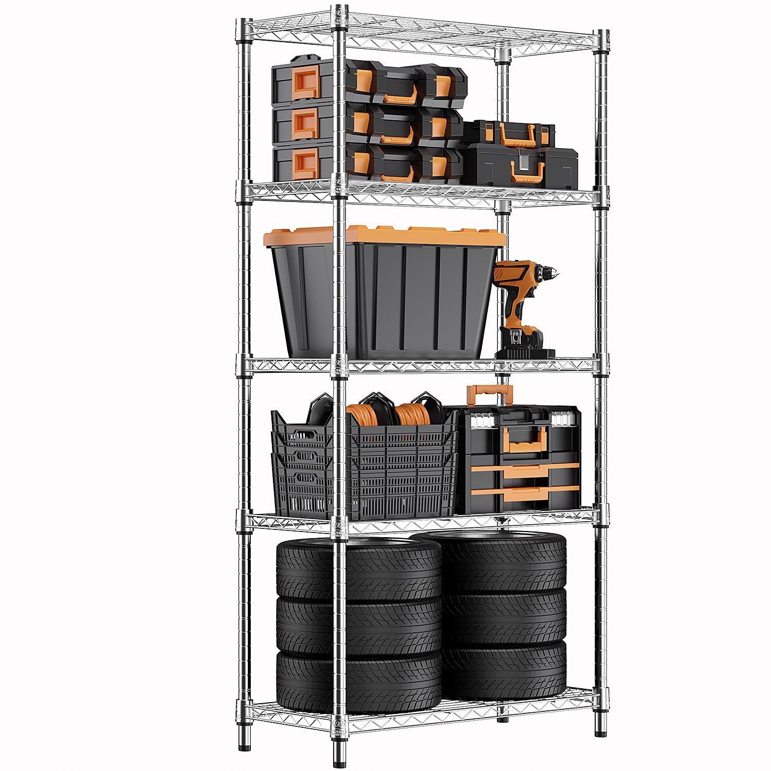 1250 lbs Steel Heavy Duty 5-Tier Utility Shelving Unit Steel Organizer Wire Rack for Home,Kitchen,Office,Chrome (13.7" D x 23.6" W x 62.4" H)