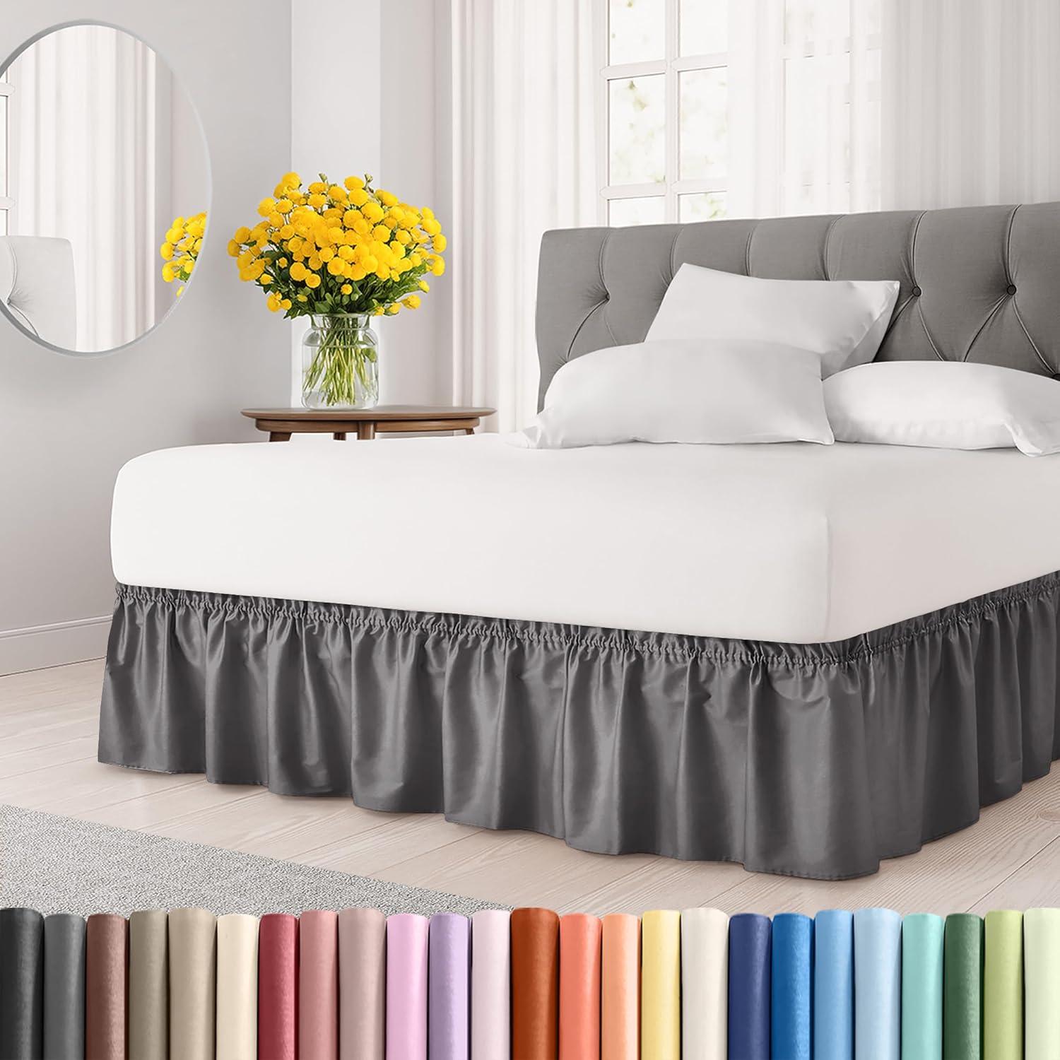 CGK Linens Elastic Wrap-Around Dust Ruffled Bed Skirt - Easy Fit with Pleated 15" Drop in Dark Grey, Size Twin