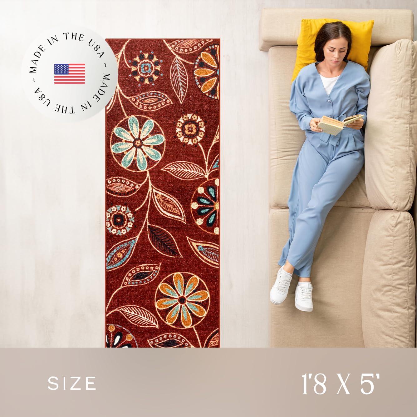 Maples Rugs - Reggie Bohemian Floral Washable Indoor Runner Rugs, 1'8 x 5', Red