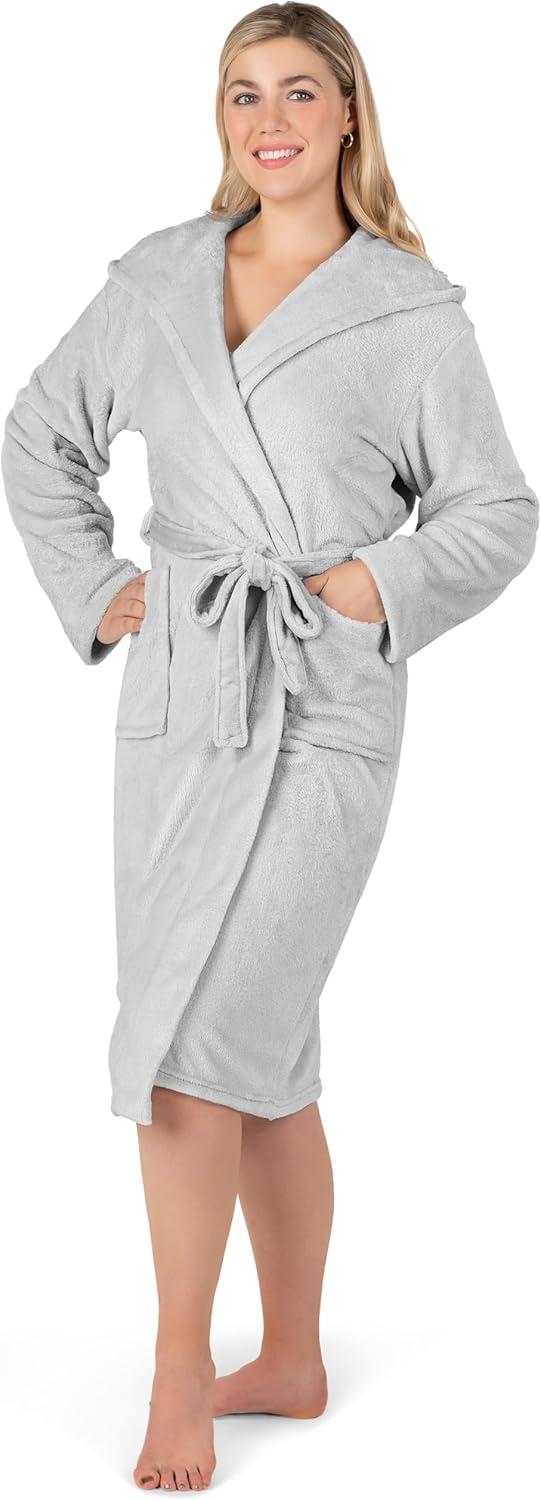 Light Gray Hooded Fleece Long Bathrobe with Belt