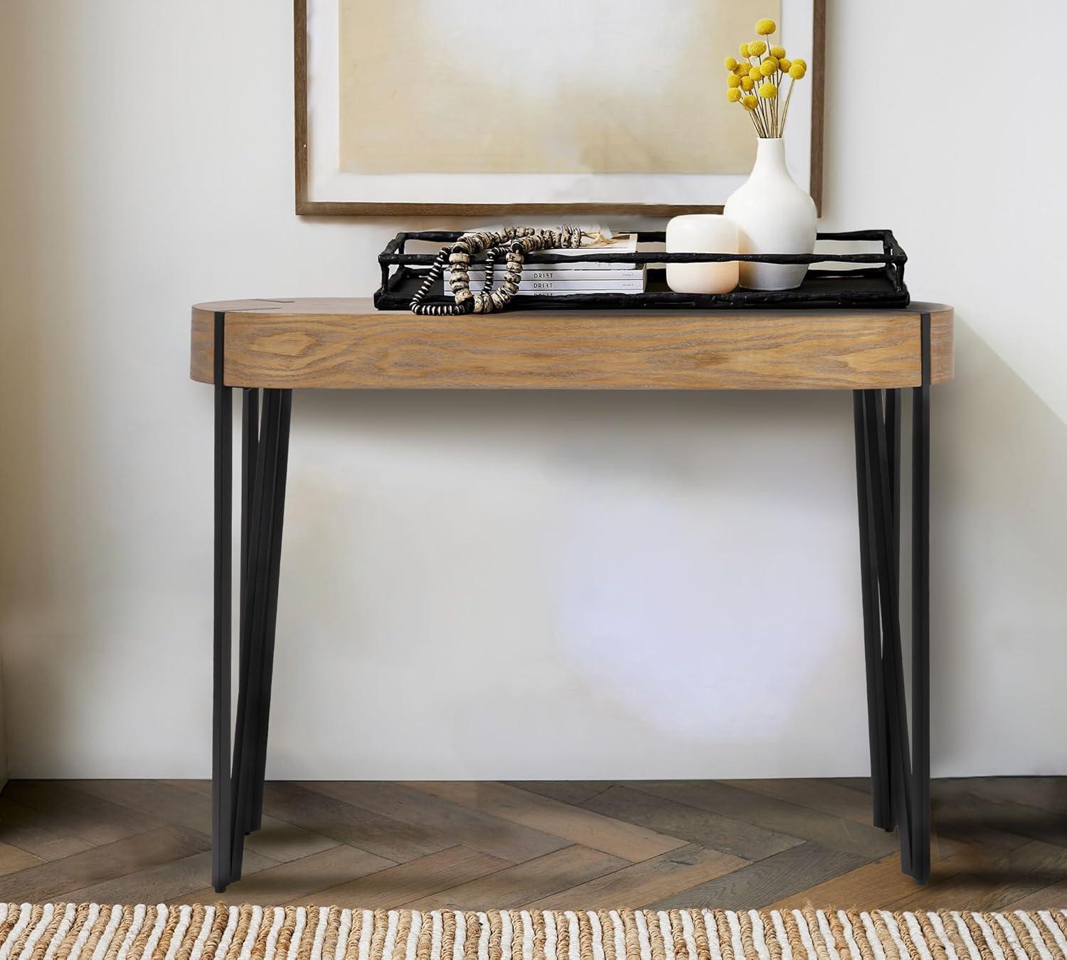 Storied Home Astoria Wood Console Table Natural/Black: White Oak Finish, Iron Hairpin Legs, Entryway Furniture