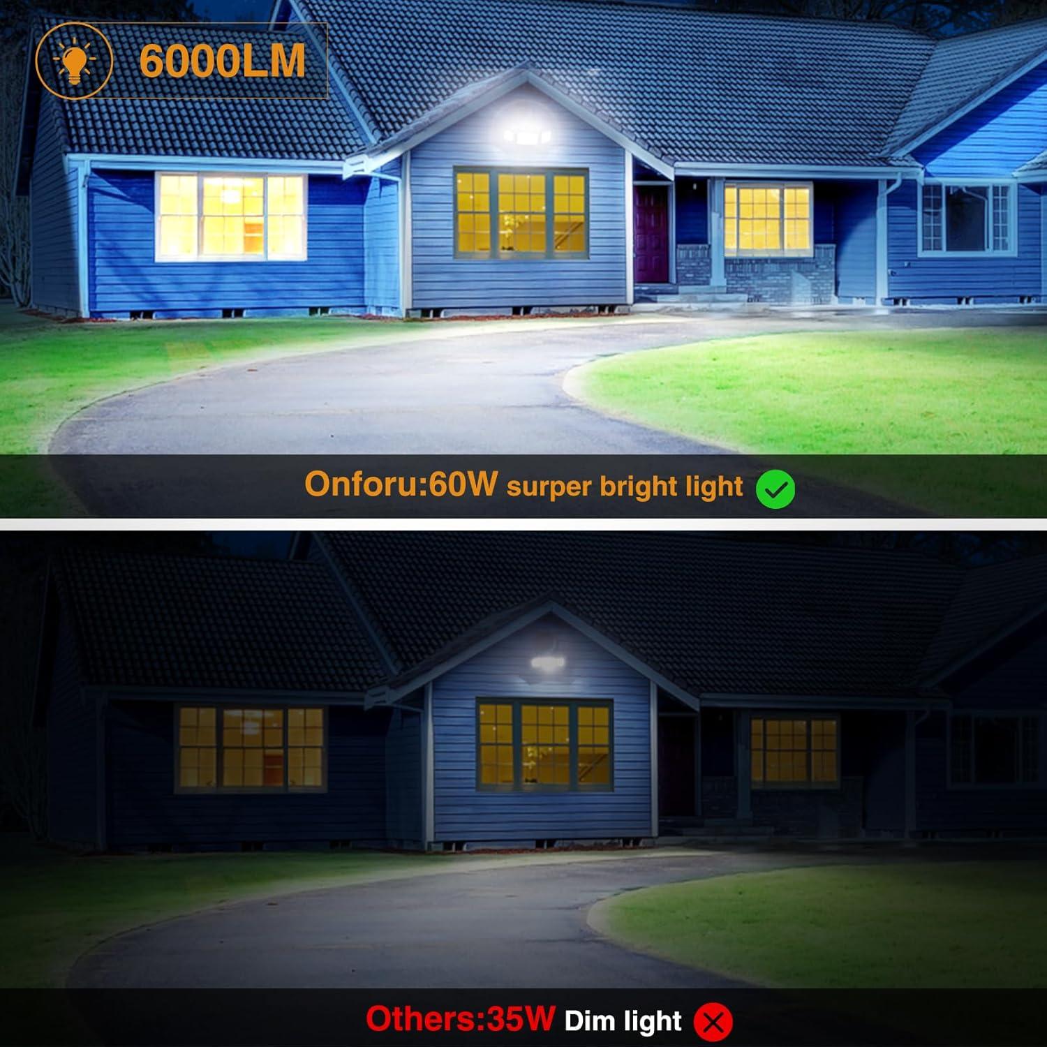 Onforu 60W Flood Lights Outdoor, 6000LM Brightness Security Lights Switch Controlled, 3 Adjustable Heads, IP65 Waterproof, 6500K Wall Mount Exterior LED Flood Light