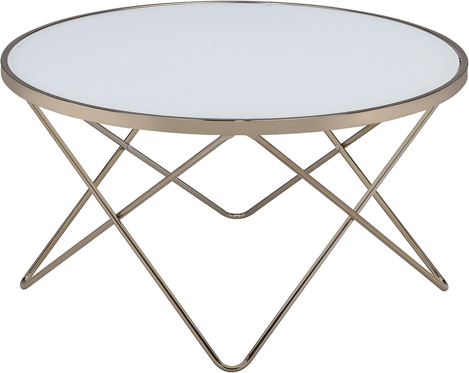 Champagne Elegance Round Glass Coffee Table with Geometric Base