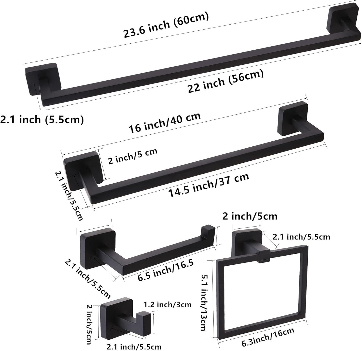 Matte Black Bathroom Hardware Set,5-Piece Towel Racks for Bathroom 23.6" Wall Mount Bathroom Accessories Include Towel Bar,Towel Rack Ring,Toilet Paper Holder,2*Robe Hook