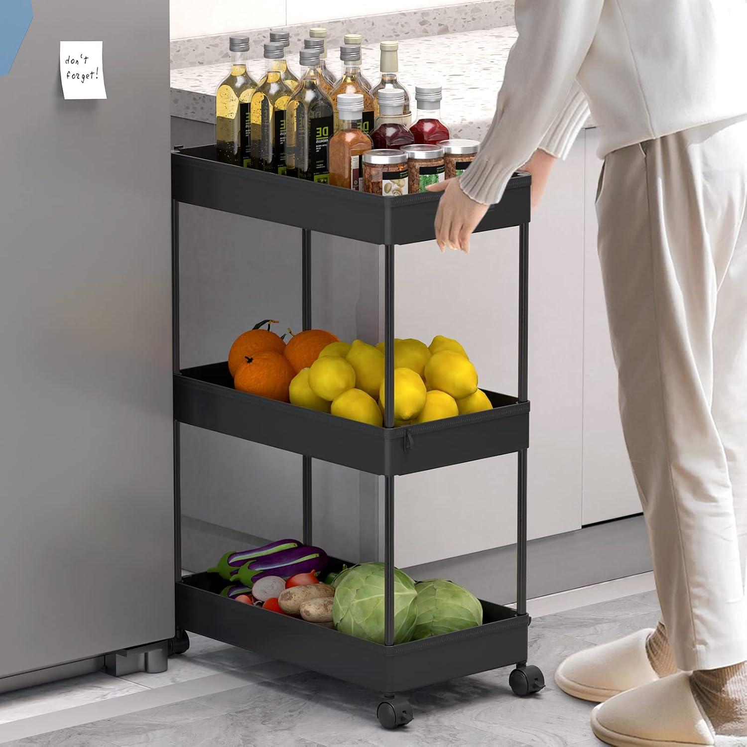 Black 3-Tier Rolling Plastic Storage Cart with Wheels