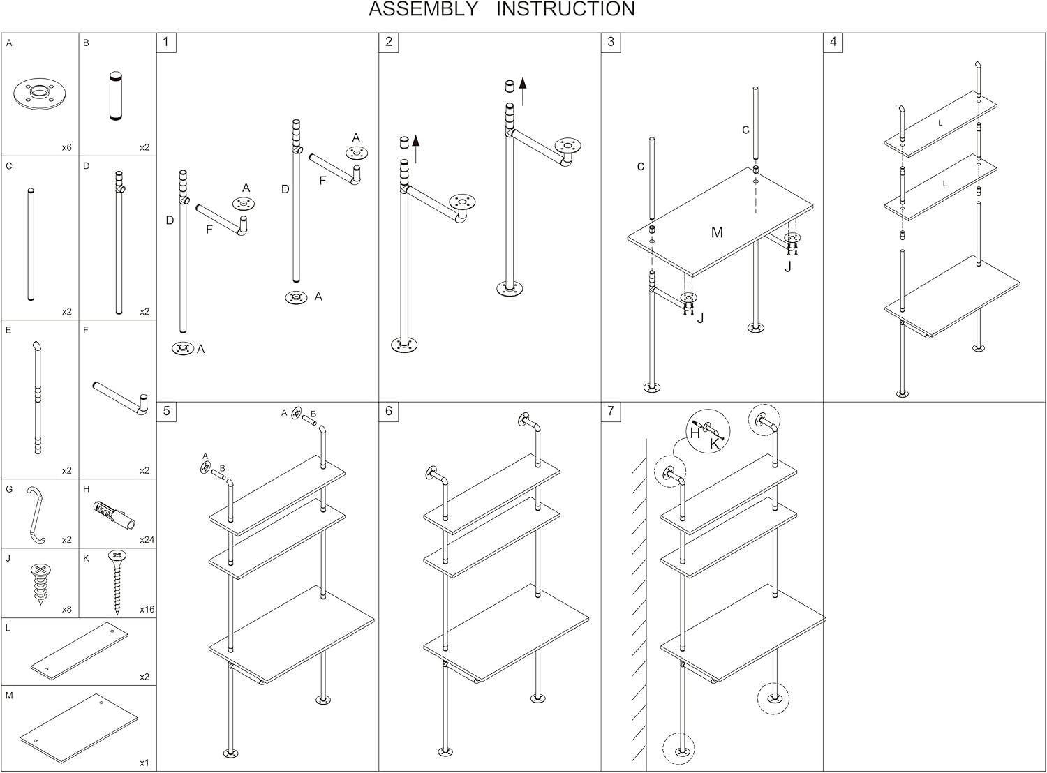 ZIOTHUM Industrial Wall Mount Desk with Shelves, Ladder Style Computer Laptop Desk, Floating Table with Storage, Industrial Pipe Bookcase for Home Office (36x20x81)
