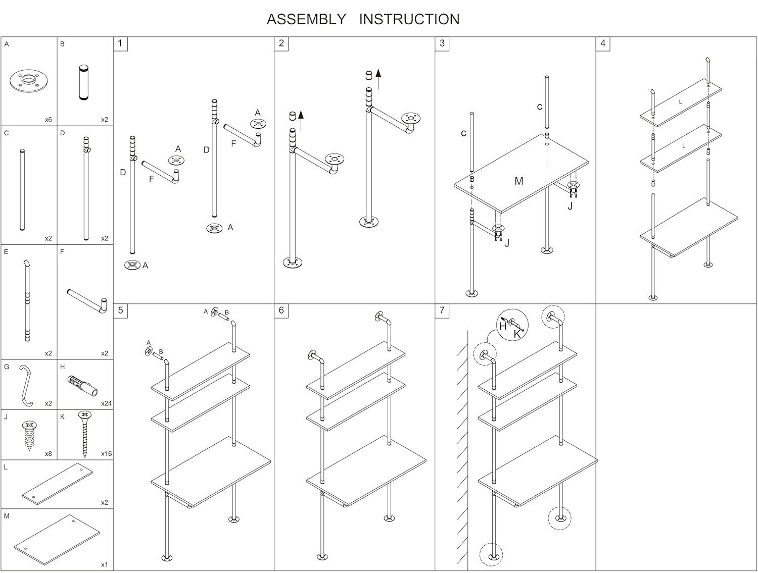 ZIOTHUM Industrial Wall Mount Desk with Shelves, Ladder Style Computer Laptop Desk, Floating Table with Storage, Industrial Pipe Bookcase for Home Office (36x20x81)