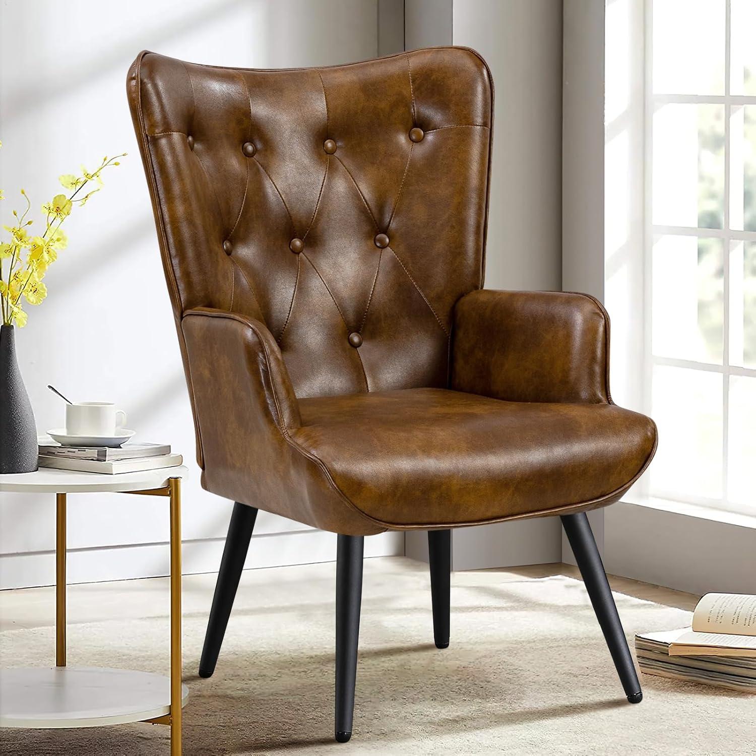 Furniliving PU Wingback Chair Modern Accent Chairs Upholstered Arm Chair for Living Room Bedroom, Yellow Brown