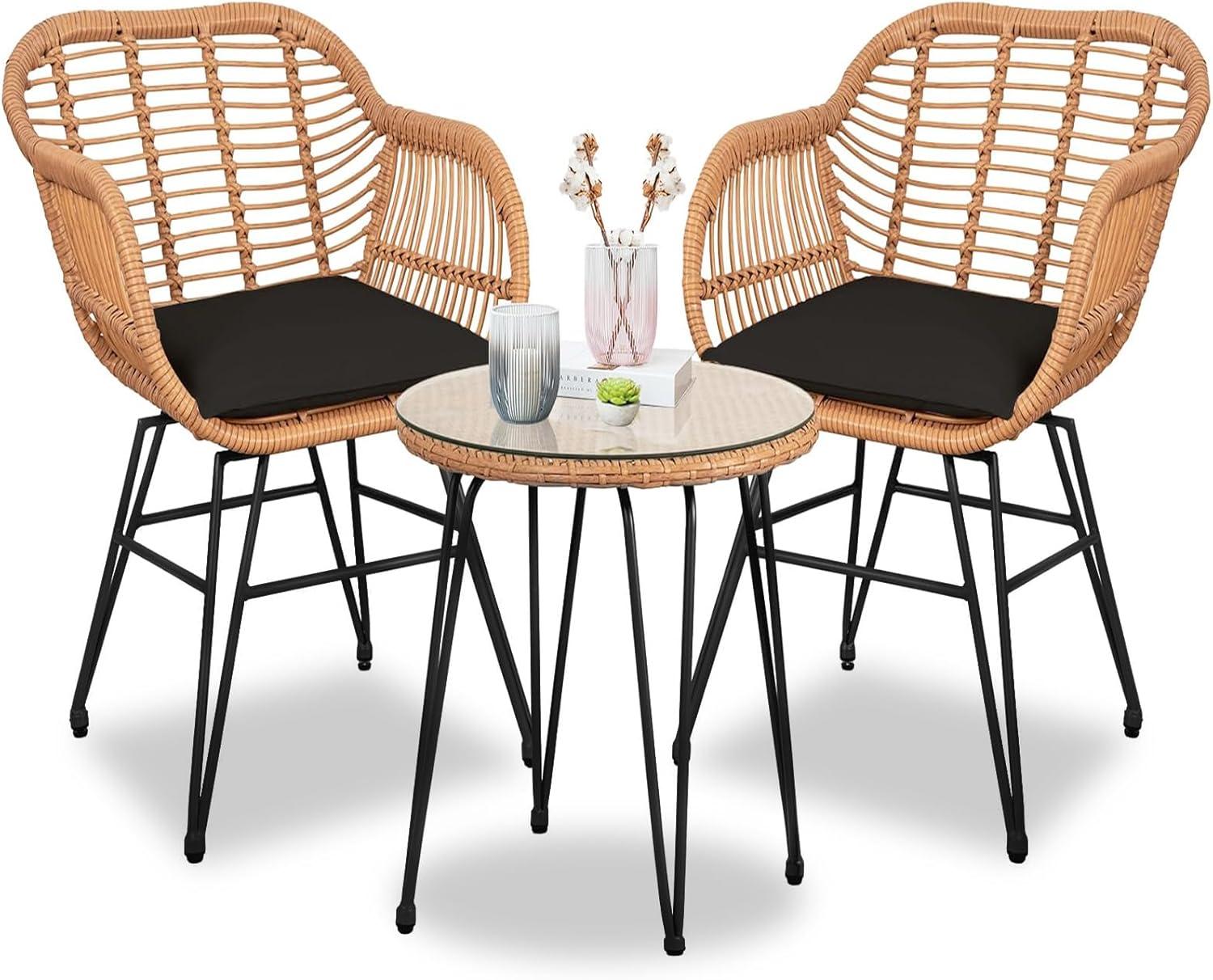 3 Piece Outdoor Wicker Furniture Patio Bistro Set, Balcony Furniture Rattan Conversation Sets, Outdoor Patio Chairs Set for Porch Poolside Garden, Black