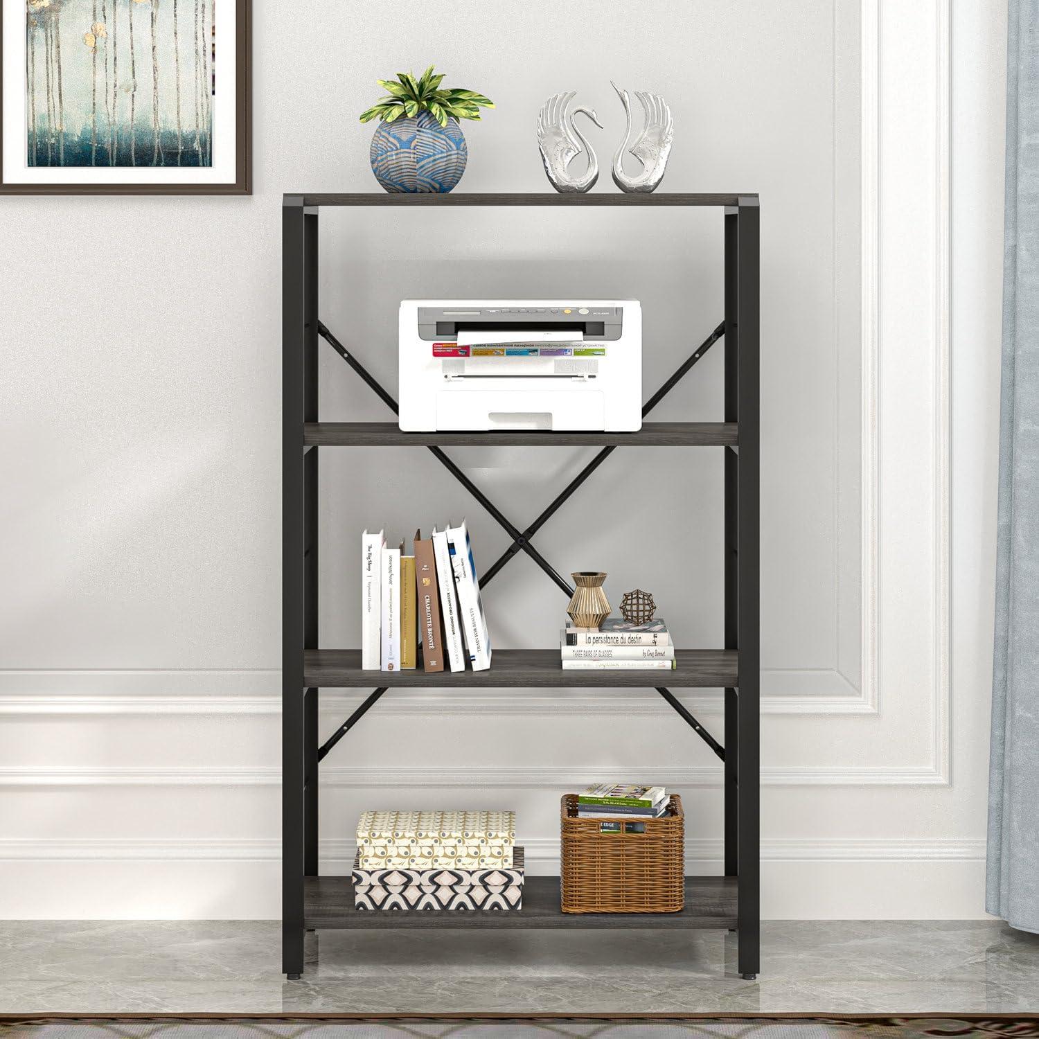 FOLUBAN Industrial Bookshelf and Bookcase, 4 Tier Open Display Storage Book Shelf and Book Case, Rustic Wood and Metal Shelving Unit for Bedroom Living Room Office, Dark Gray