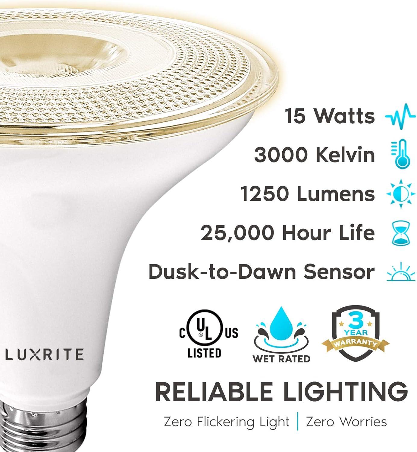 Luxrite 15W White PAR38 LED Dusk to Dawn Flood Light Bulbs