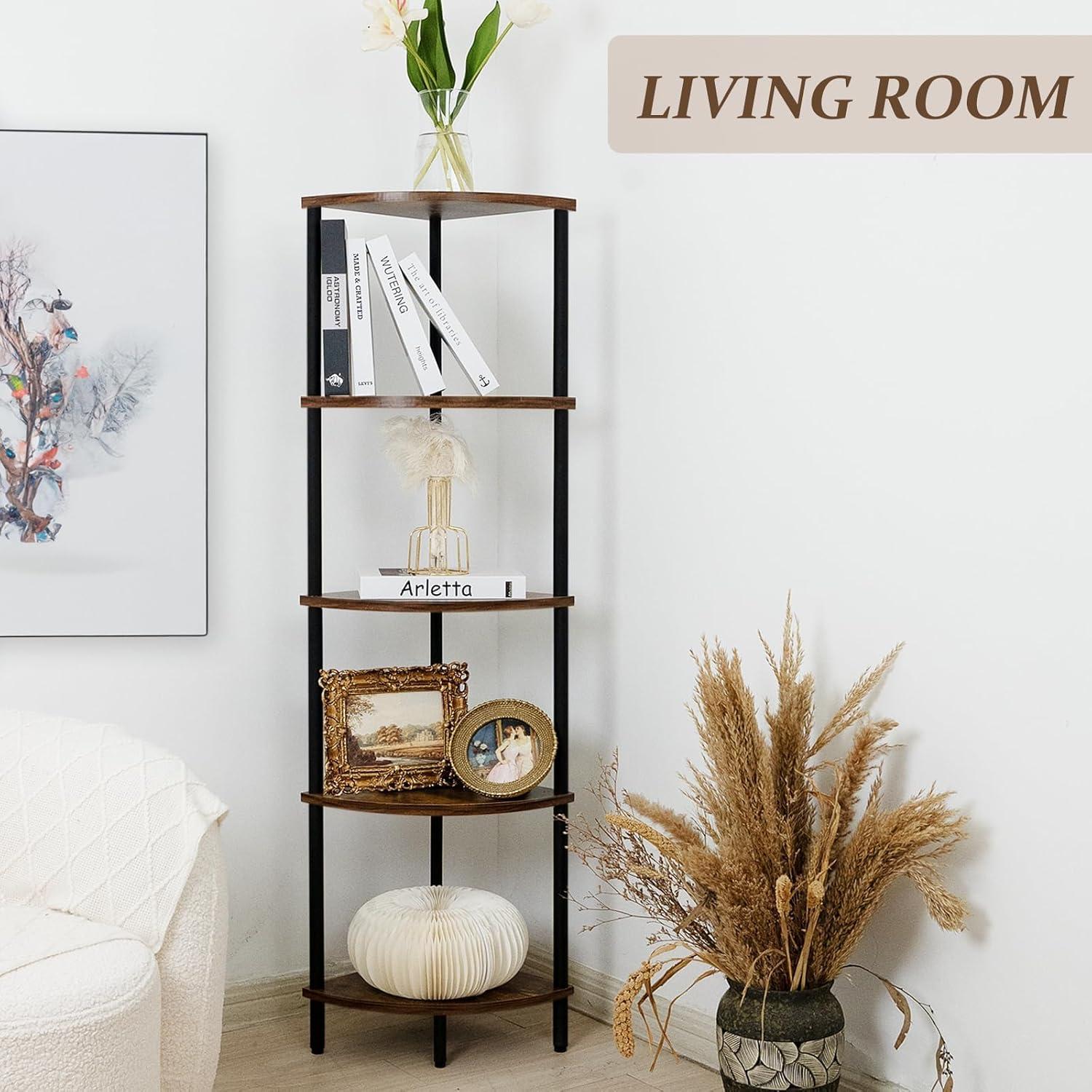 Brown 5-Tier Corner Bookshelf with Black Iron Frame