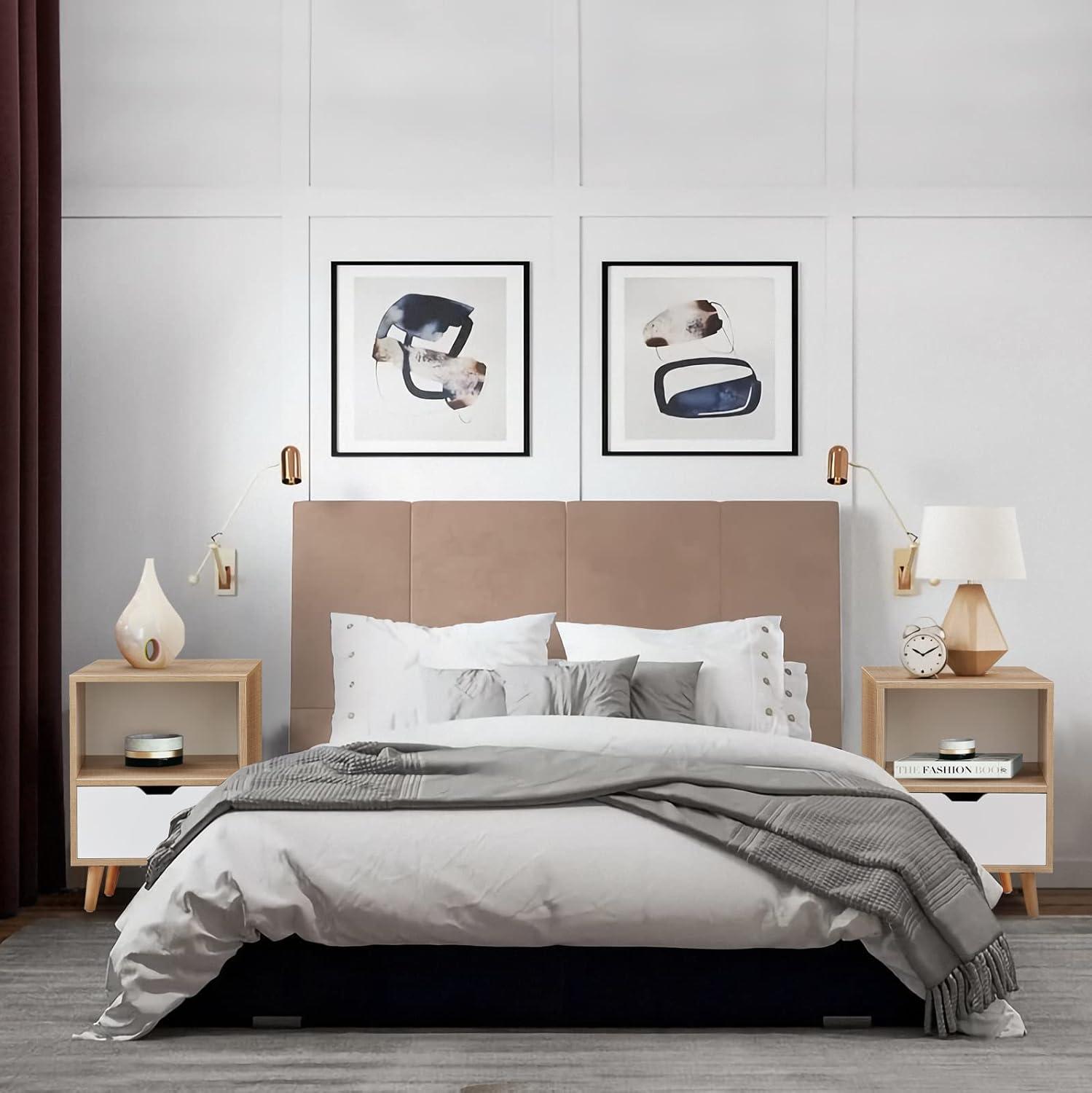 Sweetgo Modern Wooden Bedroom 2-Tier Nightstand End Side Table with Open Shelf, 4 Anti-Slip Rubber Padded Legs, & 1 Storage Drawer, Tan, Set of 2