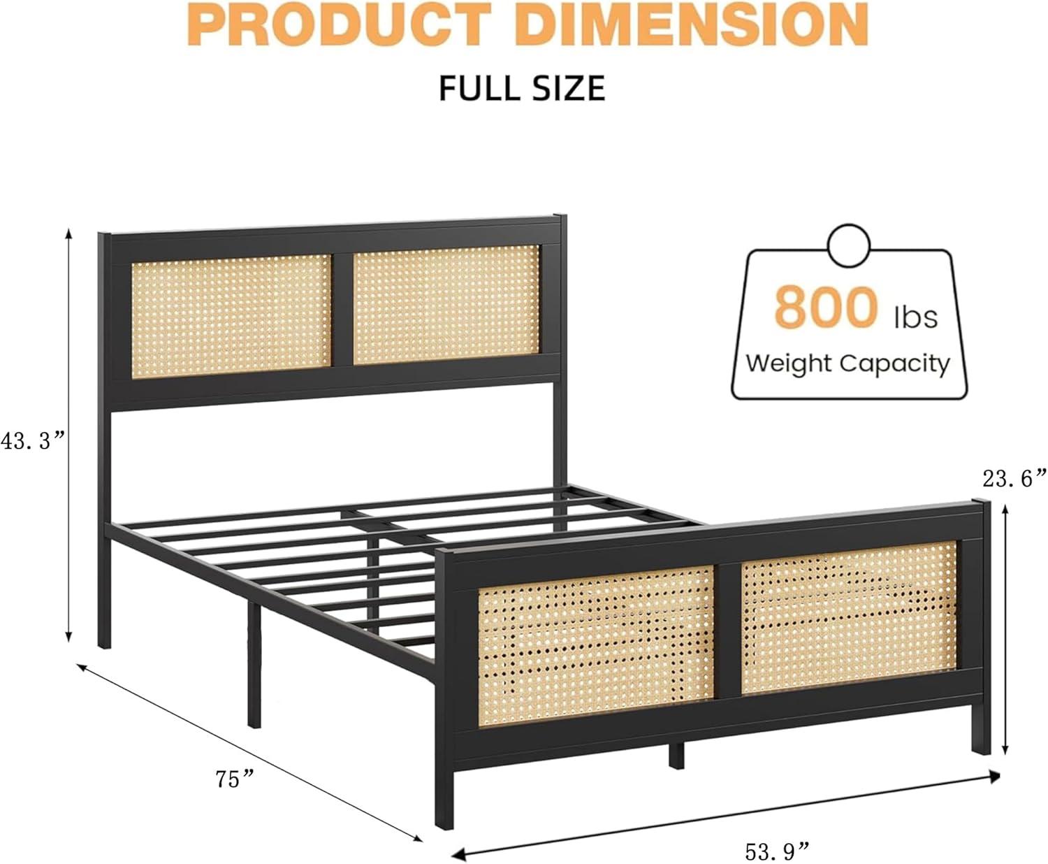 Garvee Rattan Bed Frame with Headboard, Full Bed Frame with Strong Metal Slats Support, Noise-Free Design, No Box Spring Needed, Black