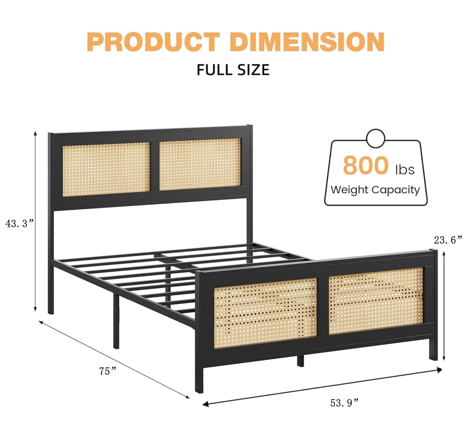 Garvee Rattan Bed Frame with Headboard, Full Bed Frame with Strong Metal Slats Support, Noise-Free Design, No Box Spring Needed, Black