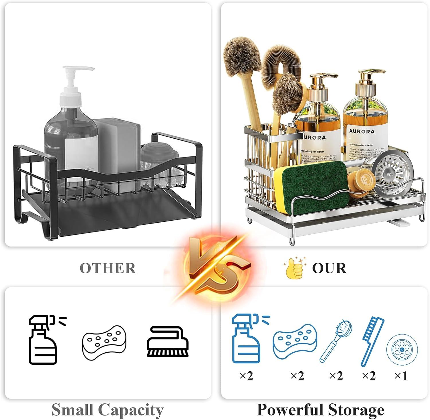 COAHAHA Rust Resistant Stainless Steel Sink Caddy - Large Capacity With Removable Brush Rack