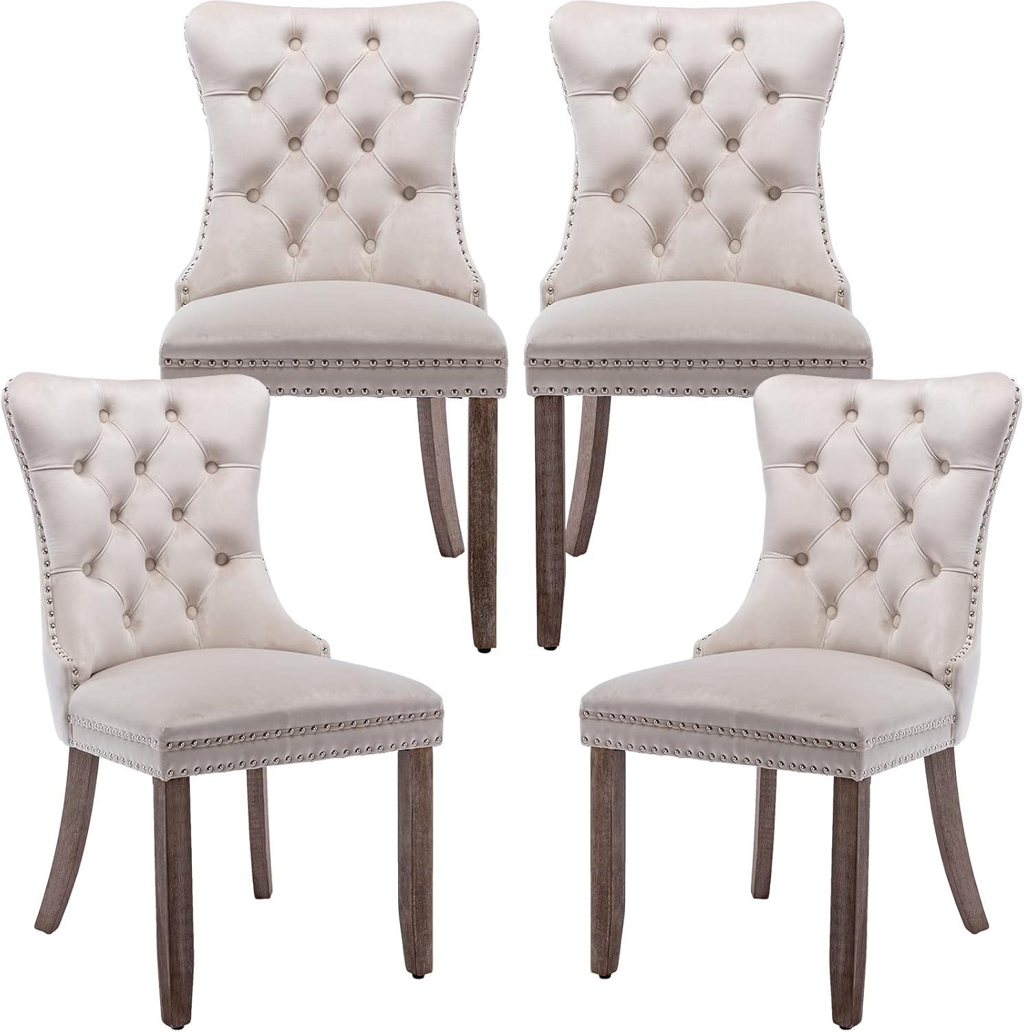 Tzicr Tufted Dining Chairs Set of 4, Upholstered Dining Chairs with Nailhead Back, Nailhead Trim, Velvet Dining Chairs for Kitchen/Bedroom/Dining Room(Beige)