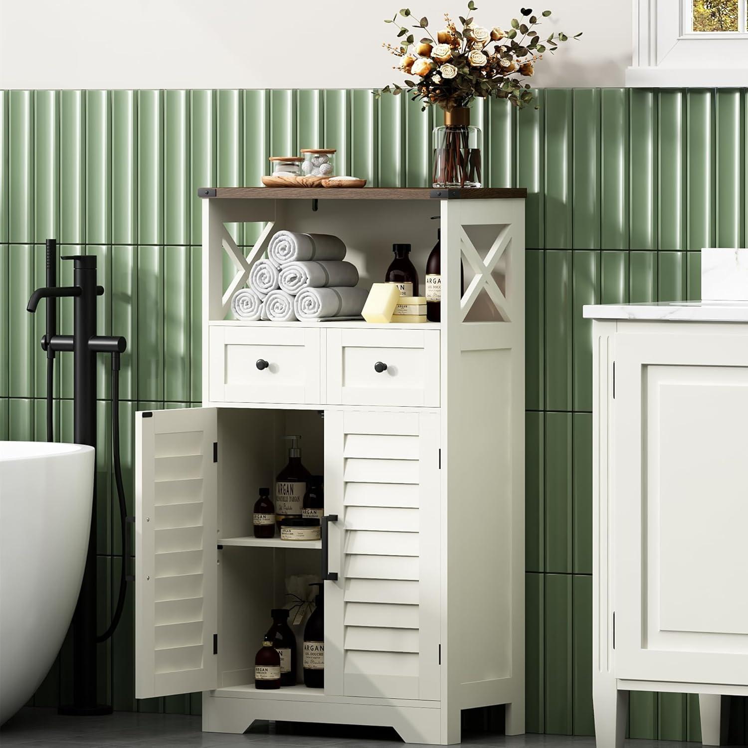 White Farmhouse Bathroom Storage Cabinet with Adjustable Shelving