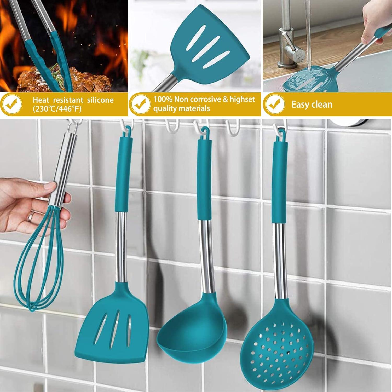 15 PCS Silicone Kitchen Cooking Utensils Set, Heat-Resistant Utensil Set with Premium Stainless Handles for Cooking and Baking, Non-Stick Spatula Kitchen Gadgets Cookware Set(Blue)