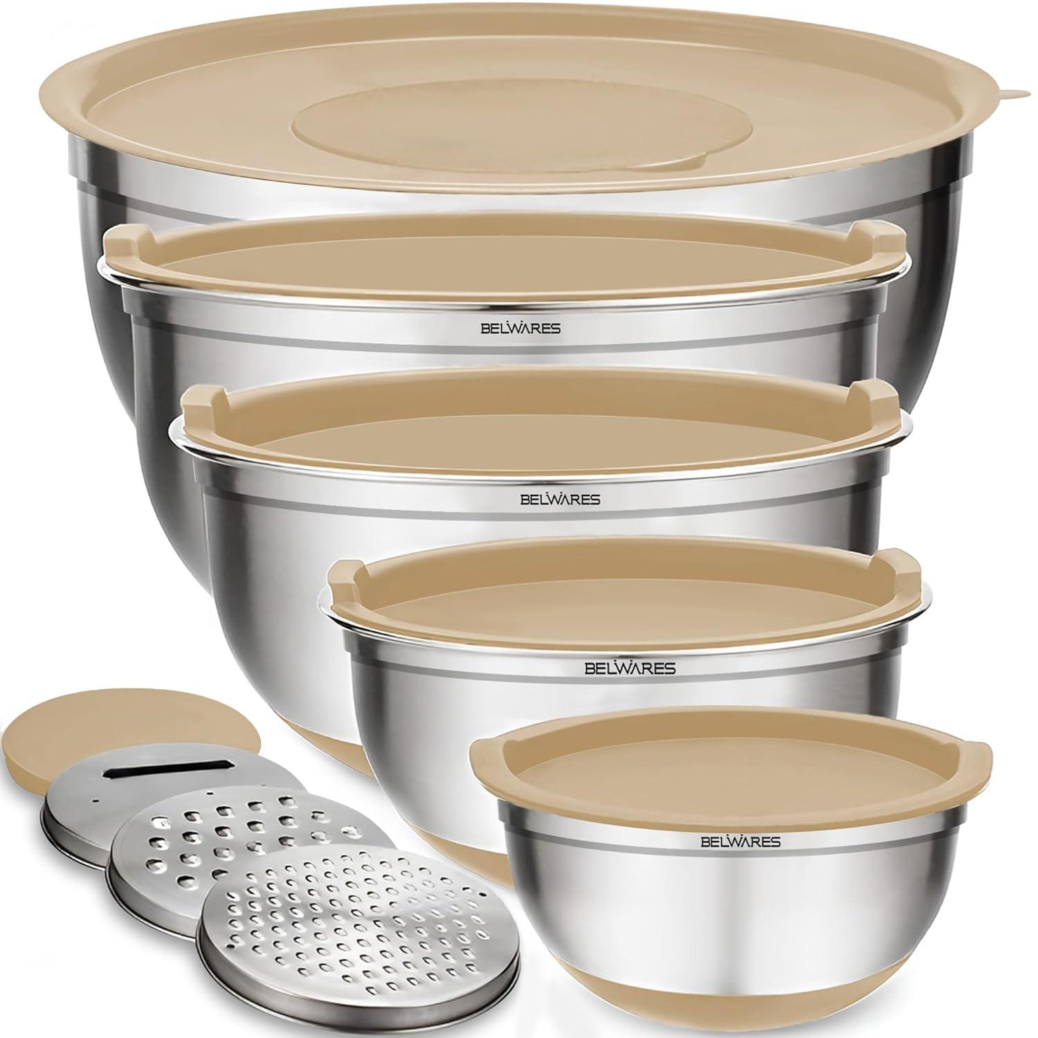 Toledo Bath & Kitchen Stainless Steel Mixing Bowls With Lids, 5-Pack Metal Nesting Bowls With Airtight Covers For Cooking, Baking, Serving, Storage, Non-Toxic & Dishwasher Safe, Size 4.6/3/1.5/1/0.7QT - Khaki