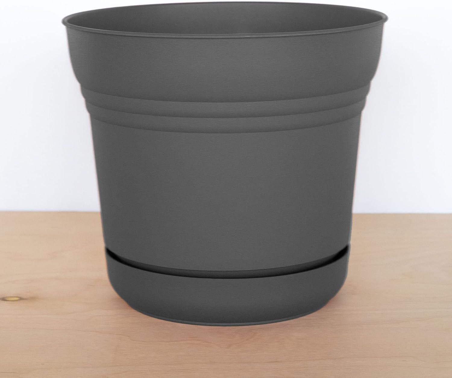 Bloem 14-in Saturn Round Resin Planter with Saucer - Charcoal Gray