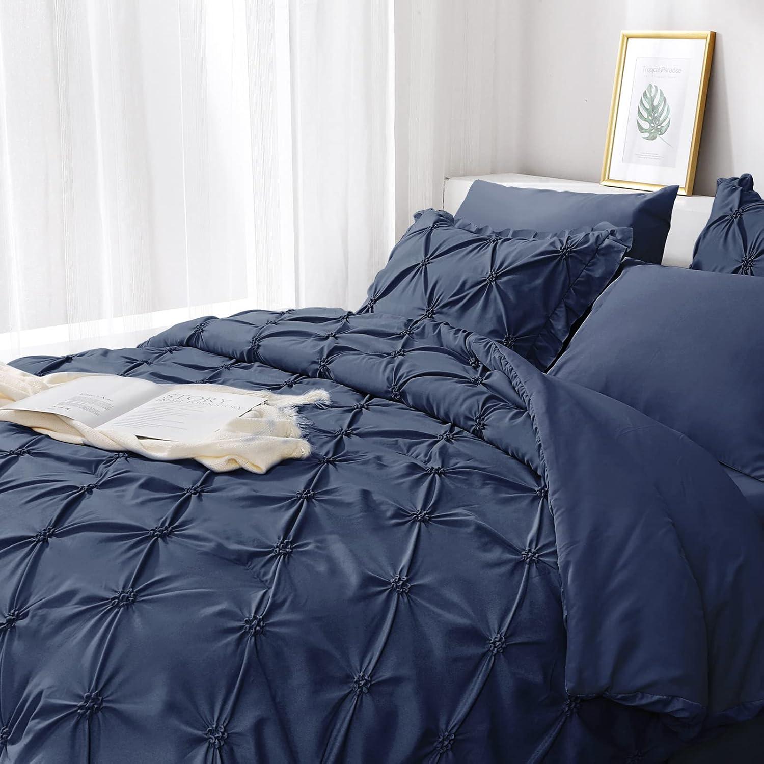 Virtu Queen Comforter Set, 7pc Bed in a Bag, Pleated Bedding Comforter Sets with Sheets, Navy