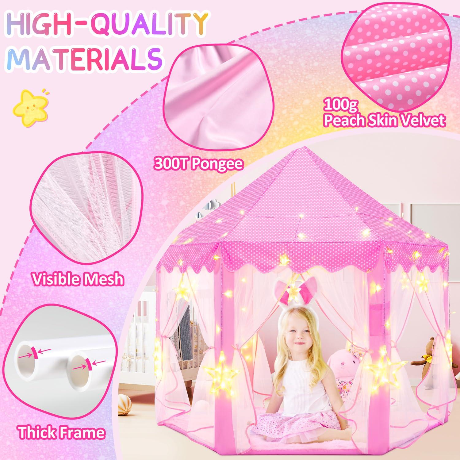 EVOIONOS Princess Tent for Girls, Kids Play Tent with LED Star Lights, Castle Playhouse for Children Indoor Outdoor Games, 55X53 inches, Pink