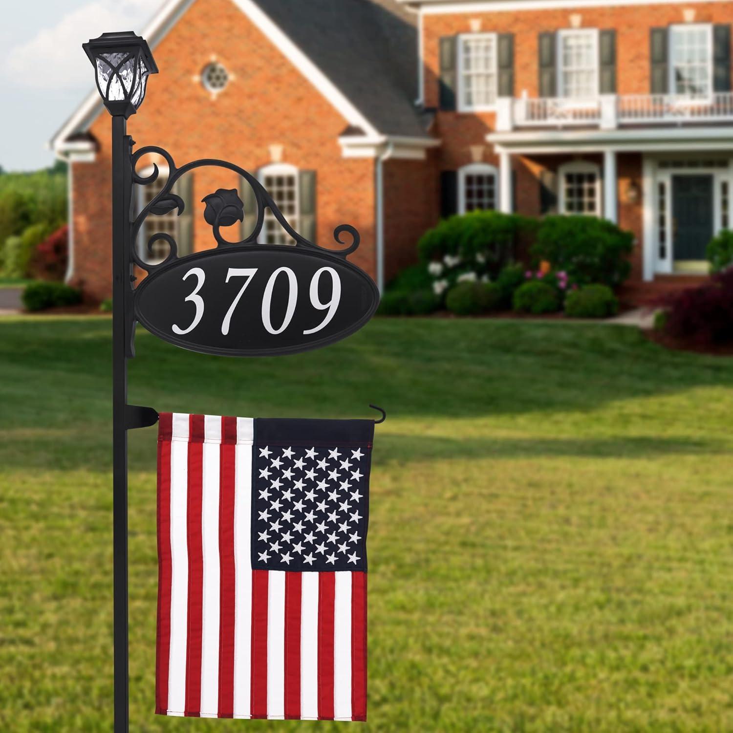 Address America Park Place Oval Double-Sided Reflective Address Sign With American Flag And Solar Light-