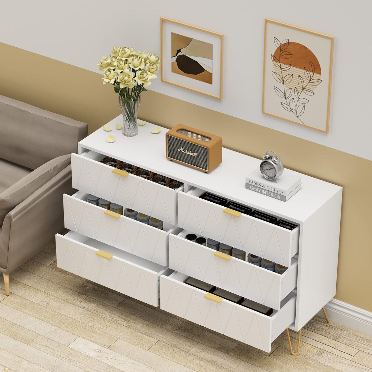 UEV Large White 6 Drawer Dresser,Modern Dresser Chest with Wide Drawers and Metal Handles,Wood Storage Chest of Drawers for Bedroom,Hallway,Entryway (White, Large 6 Drawer)
