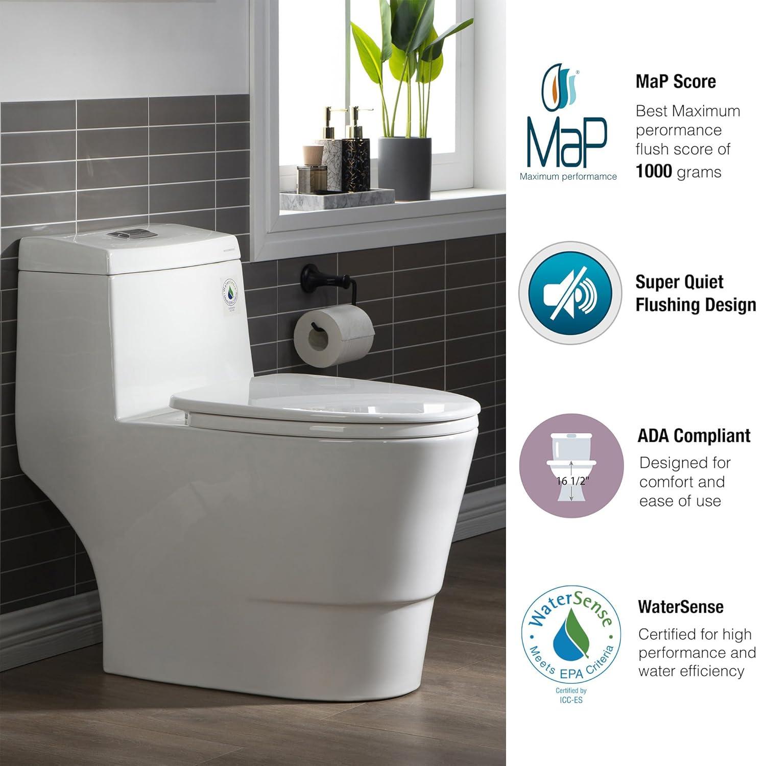 WoodBridge 1.28 GPF Elongated One Piece Dual-Flush Toilet with Soft-Closing Seat,MAP Flushing 1000G B0750-B/N